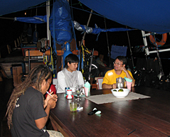 Sangut, Lene and Mr. Song discussing religion and other subjects